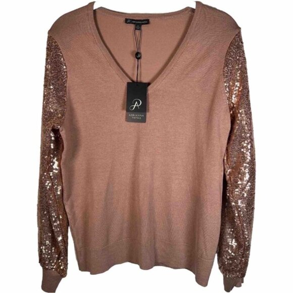 NWT ADRIANNA PAPELL Antique Rose Long Sequin Sleeve V-neck Pullover Sweater Sz S - Picture 1 of 16